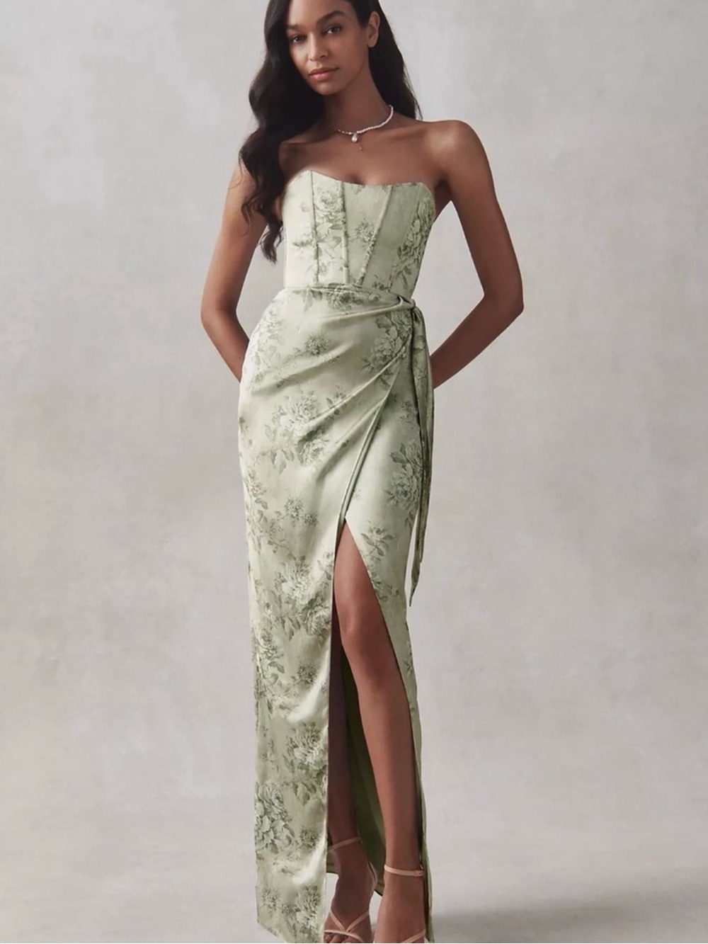V. Chapman Strapless Sage Green Jacquard Wrap Gown